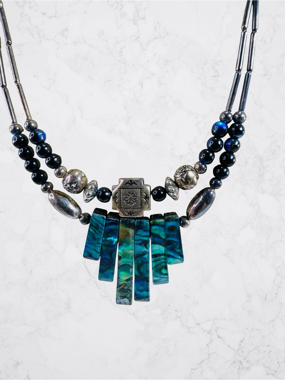 Blue Green Abalone Fringe Necklace Double Strand Silver Tone Beaded 18” Tribal